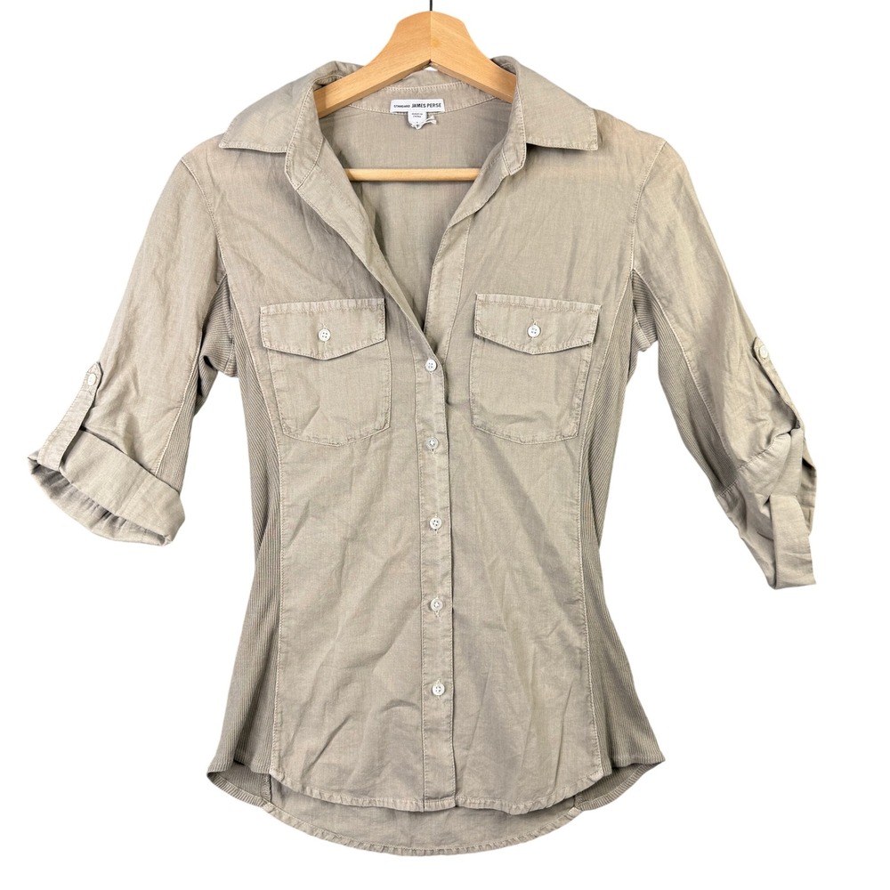 James Perse WLC3321CU Ribbed Side Panel Button Up Shirt Khaki Beige Size 1 Small